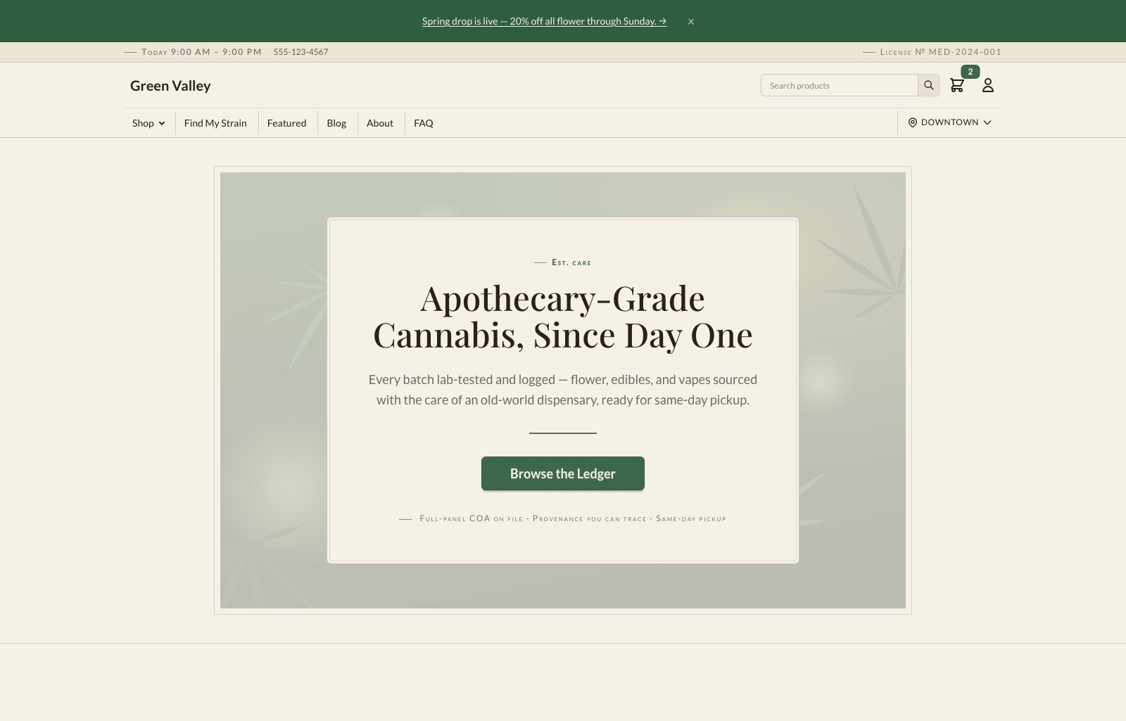 The Apothecary template showing a heritage storefront — framed panels, serif headings, aged-paper calm.